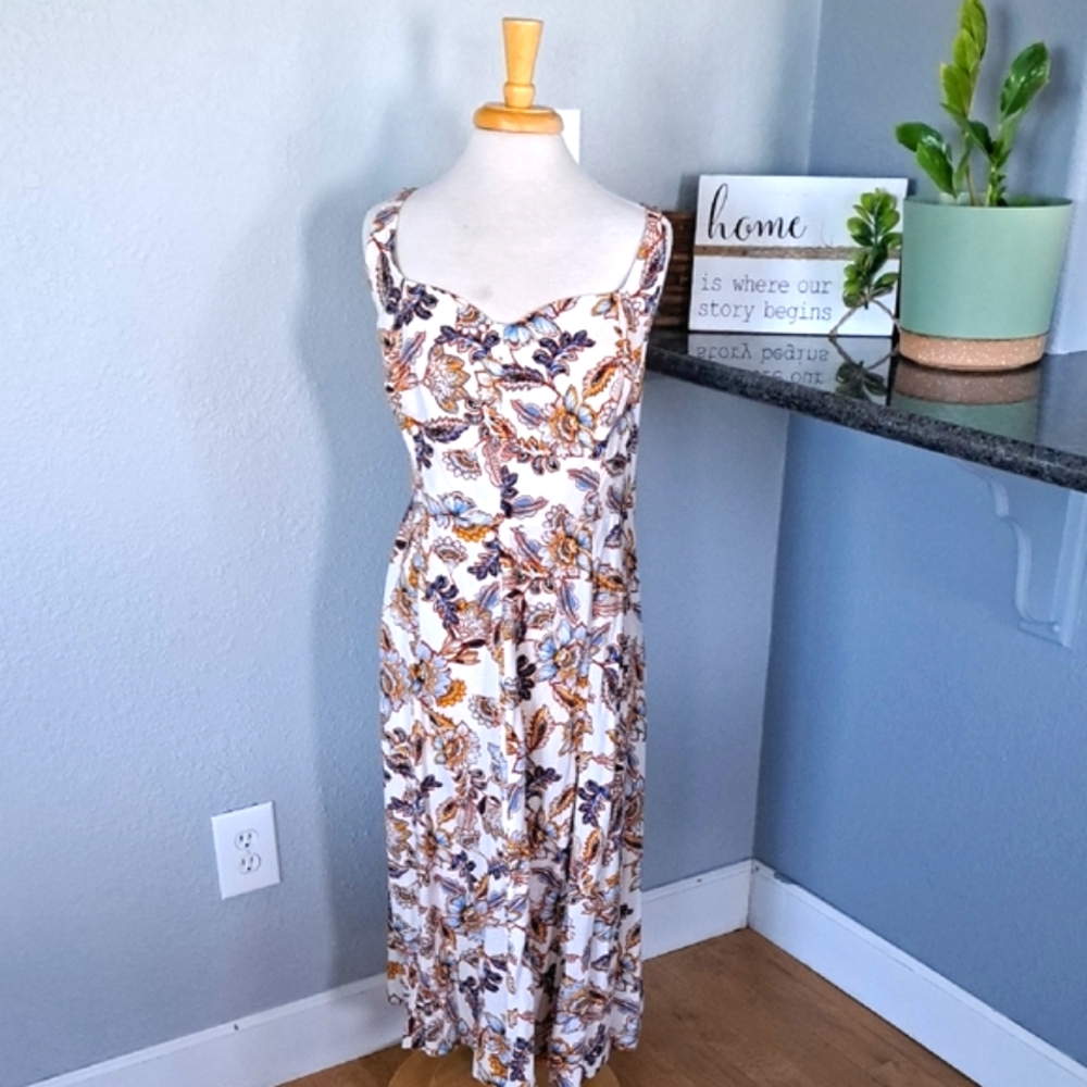 Women's White Floral Maxi Dress with Mustard & Navy Print